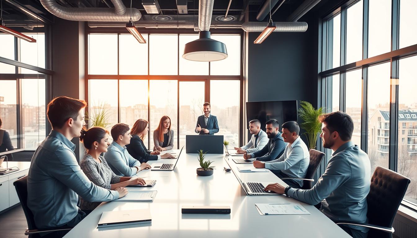 A sleek, modern office space with large windows, filled with a team of Polish IT professionals engaged in a business meeting. The scene captures the dynamic atmosphere of a successful e-commerce agency, showcasing their expertise in creating a thriving online store for the furniture company MebleDom. The lighting is bright and natural, casting a warm glow on the team as they collaborate at a long conference table, surrounded by sophisticated technology and design elements that reflect the agency's professionalism and innovation.