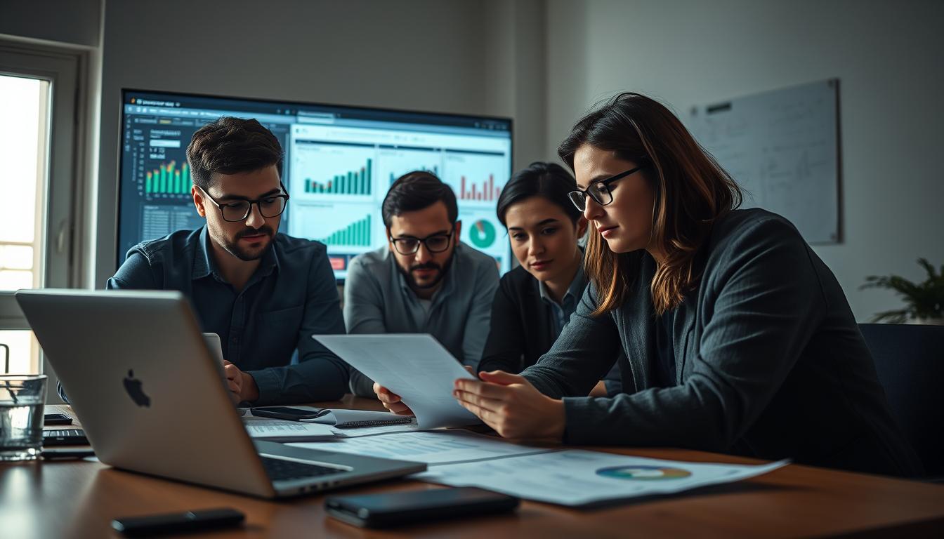Photorealistic image of a comprehensive pre-migration analysis for an e-commerce website. The scene depicts a team of Polish IT professionals carefully scrutinizing data transfer processes, web traffic analytics, and Google search result rankings to assess the readiness of the online store for migration to a new platform. The lighting is soft and natural, casting a thoughtful, analytical atmosphere. The angle showcases the team's collaborative workflow, with laptops, spreadsheets, and project management tools visible in the foreground, middle ground, and background respectively. The overall mood conveys a sense of diligent preparation and strategic planning prior to the crucial migration decision.