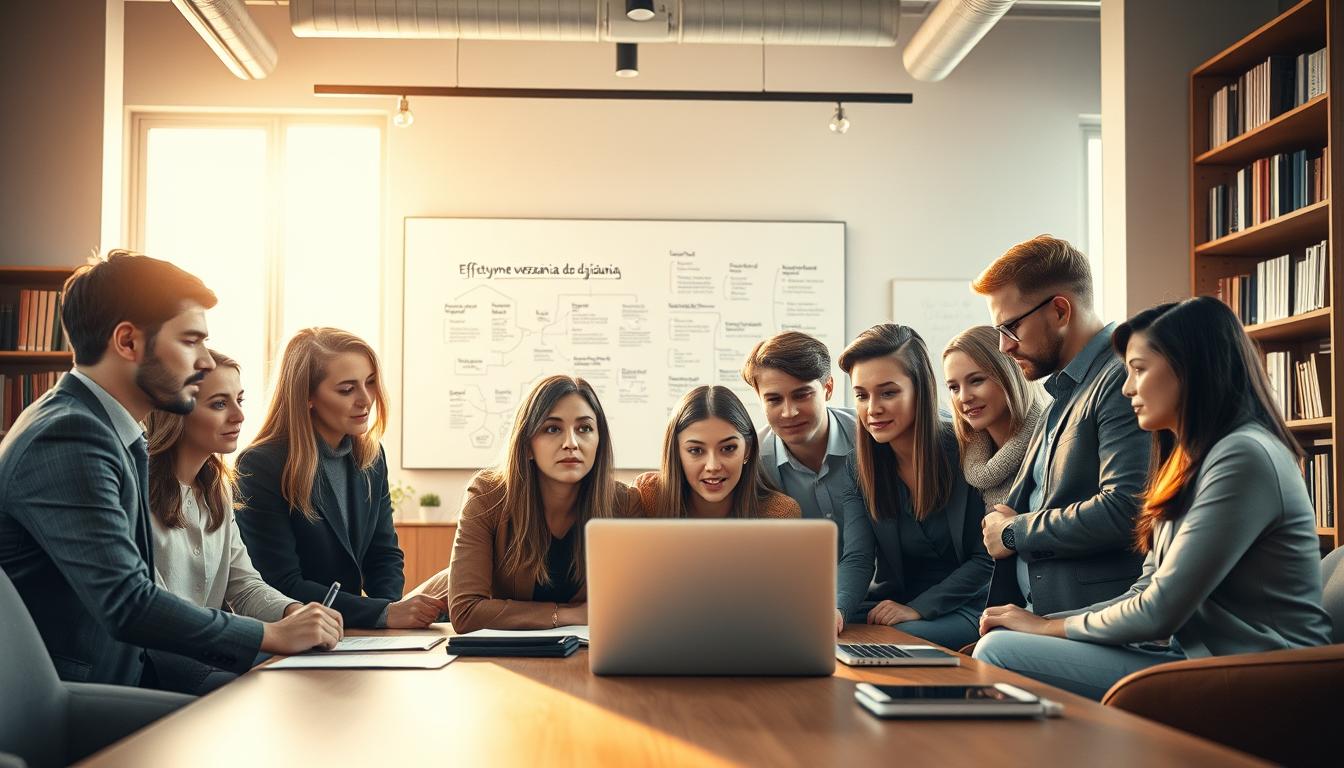 Photorealistic image of a modern Polish office interior, flooded with warm, natural lighting. In the foreground, a team of diverse professionals gathered around a laptop, deeply engaged in a strategy meeting. Their expressions convey a sense of focus and determination as they discuss &quot;efektywne wezwania do działania&quot; - effective calls to action that can drive increased e-commerce sales through content marketing. The middle ground features a large whiteboard with mind maps and brainstorming notes, reflecting the collaborative nature of their task. In the background, bookshelves and sleek, minimalist furnishings create a professional, yet inviting atmosphere, perfectly suited for a blogging-focused digital marketing team.