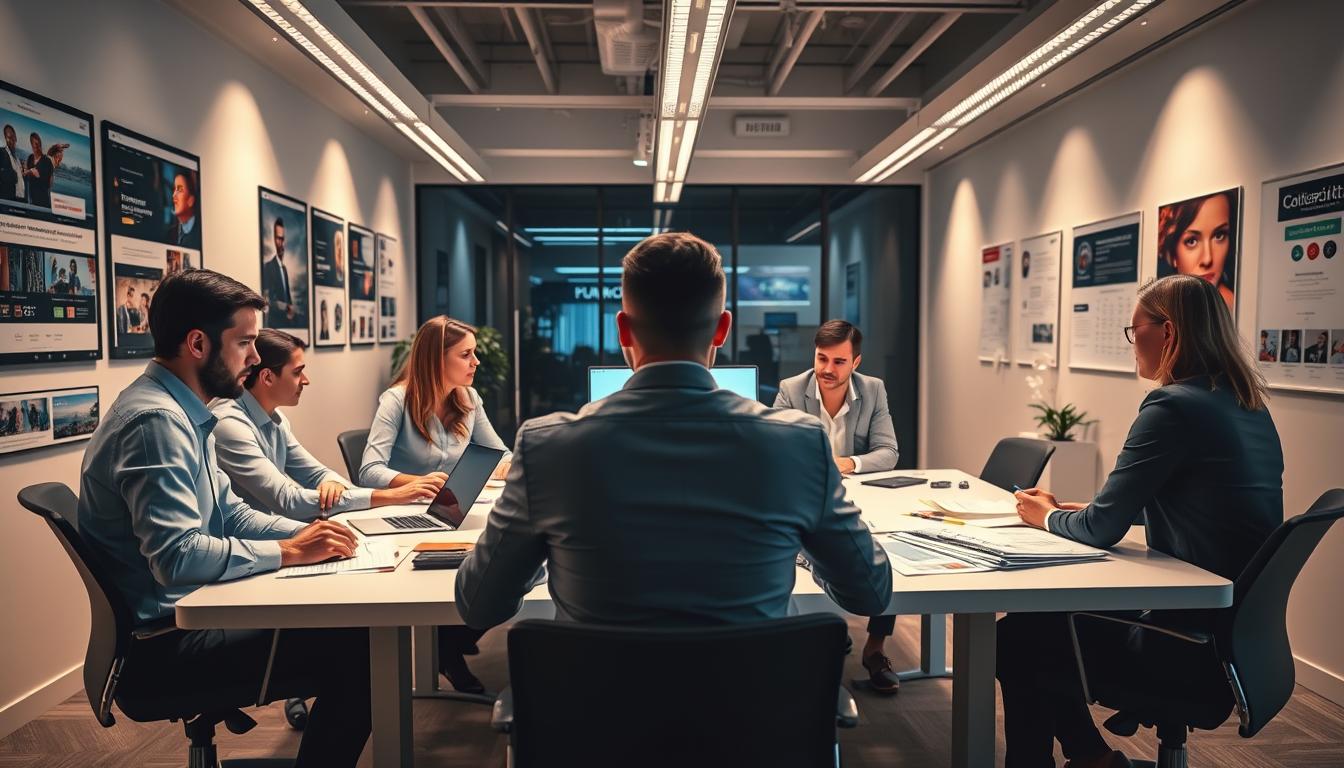 A sleek, modern office space filled with a team of Polish IT professionals engaged in a business meeting. The room is bathed in warm, directional lighting, creating a professional and collaborative atmosphere. On the desk, various project materials and devices are neatly arranged, hinting at the agency's expertise in e-commerce web development. The walls are adorned with sample websites and project portfolios, showcasing the team's design prowess and attention to detail. The overall scene conveys a sense of strategic planning, innovative thinking, and a commitment to delivering exceptional e-commerce solutions for their clients.