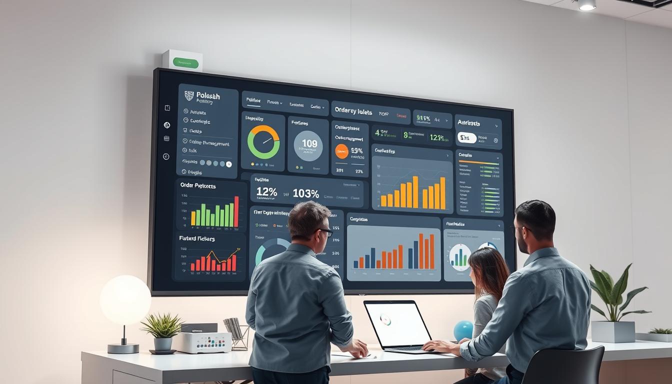 Photorealistic digital illustration of an advanced e-commerce automation dashboard, featuring a large computer screen showcasing various tools and metrics for a Polish online store. The screen displays analytics, order management, inventory tracking, and other automation features. In the foreground, a team of professionals collaborates, analyzing the data and streamlining the store's operations. Soft lighting accentuates the clean, modern workspace, conveying a sense of efficiency and cost-effectiveness.