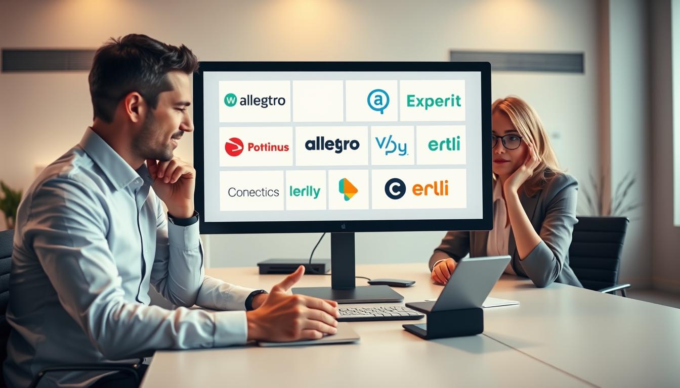 Photorealistic scene of a modern office interior. On a large desk, a sleek black desktop computer displays a variety of e-commerce marketplace logos, including Allegro and Erli. Two business people, a man and a woman, are engaged in a collaborative discussion, gesturing towards the screen, their expressions thoughtful as they consider the best solution for an online business. Soft, warm lighting illuminates the scene, creating a contemplative atmosphere. The background features minimalist decor, highlighting the focus on the decision-making process.