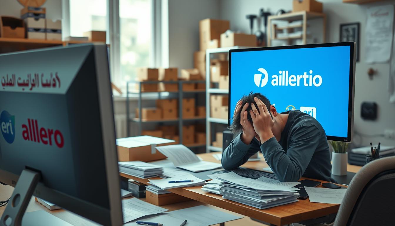 Photorealistic interior of a home office, showcasing the challenges of running one's own e-commerce website. In the foreground, a computer screen displays logos of popular online marketplaces like Allegro and Erli, symbolizing the competition. On the desk, scattered documents and a frustrated business person, their head in their hands, conveying the administrative burdens of managing an independent web store. The middle ground features shelves filled with shipping supplies, hinting at the logistics complexities. The background depicts a window, letting in soft, natural lighting, yet the mood remains pensive, reflecting the difficulties of maintaining a successful online presence beyond the convenience of marketplace platforms.