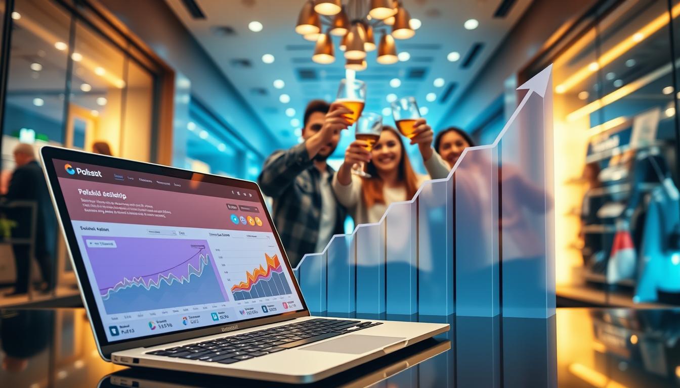 Photorealistic image of a thriving e-commerce business's success story. In the foreground, a gleaming laptop displays a colorful analytics dashboard, showcasing the rapid growth in sales and customer engagement. Beside it, a group of smiling Polish entrepreneurs celebrate their achievement, raising a toast against a backdrop of a sleek, modern retail storefront. The middle ground features a stylized, three-dimensional chart depicting the soaring trajectory of their online venture, while the background is bathed in a warm, golden light, conveying a sense of accomplishment and prosperity. The scene exudes a professional, aspirational atmosphere, inspiring viewers to replicate this e-commerce success.
