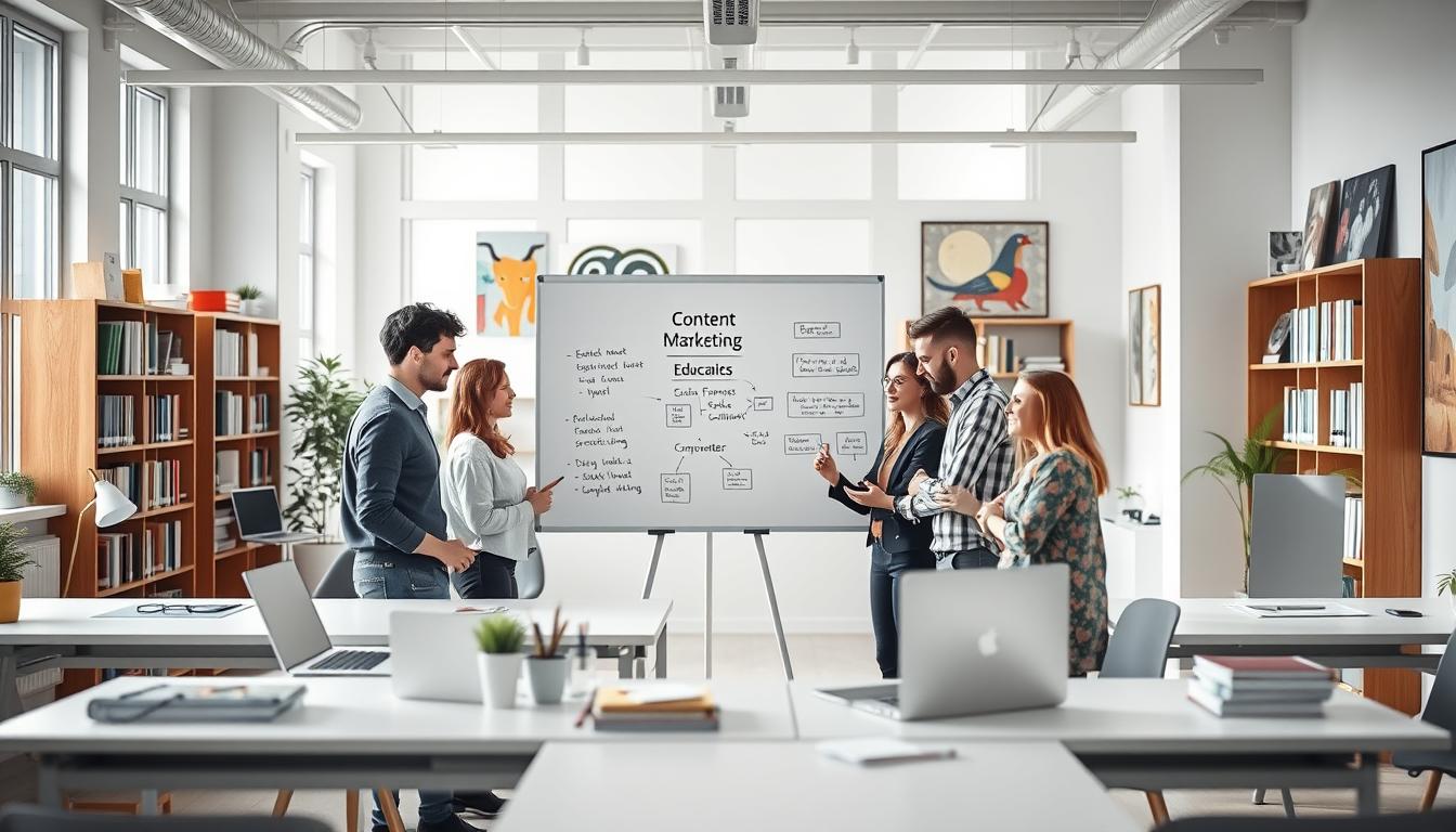 Photorealistic scene of a modern Polish office, showcasing a team of e-commerce professionals collaborating on content marketing for a blog to drive online sales. Bright, airy space with large windows, clean desks, and minimal decor. In the foreground, several team members gathered around a laptop, discussing educational blog post ideas. Middle ground features a whiteboard with brainstormed topics and strategies. The background reveals a well-stocked library of reference materials and inspirational artwork on the walls, conveying a productive, creative atmosphere conducive to generating impactful educational content for the e-commerce store's blog.