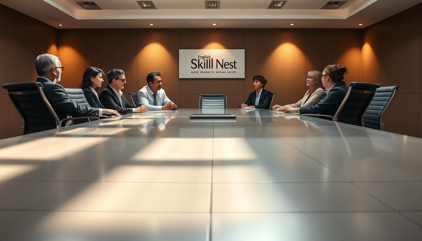 A boardroom table with sleek, modern chairs arranged around it, casting long shadows on the tiled floor. Warm, diffused lighting from overhead fixtures illuminates the space, creating a professional, contemplative atmosphere. In the foreground, a group of diverse businesspeople - men and women of varying ages and ethnicities - are engaged in discussion, their expressions thoughtful and intent. The English Skill Nest logo is discreetly displayed on the wall behind them. The scene conveys the importance of understanding one's audience to craft clear, persuasive business writing.