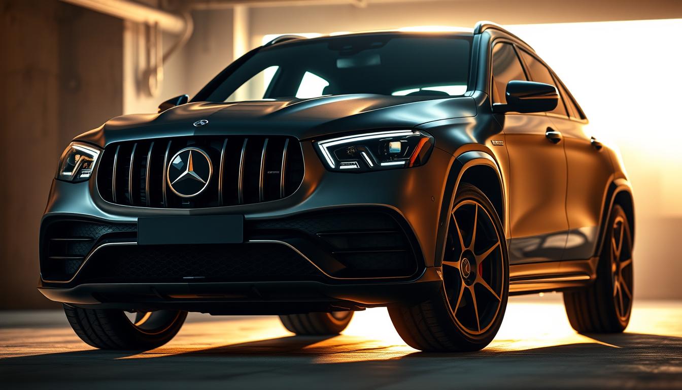 A sleek and powerful Mercedes-Benz AMG CLE 53 stands in a dimly lit garage, its sculpted body bathed in warm, golden light that accentuates its dynamic lines and aggressive stance. The vehicle's distinctive front grille, aggressive bumpers, and muscular fenders hint at its exceptional performance capabilities. The camera captures the CLE 53 from a low, three-quarter angle, providing a commanding perspective that showcases its impressive proportions and attention to detail. The background fades into subtle shadows, allowing the vehicle to take center stage and command the viewer's attention. This image perfectly encapsulates the luxurious features and high-performance engineering of the Mercedes-Benz AMG CLE 53.