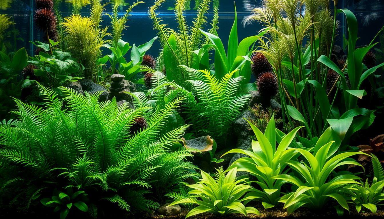 A lush, vibrant aquascape filled with a variety of thriving aquatic plants that require no CO2 supplementation. In the foreground, dense clusters of Anubias and Java Fern sway gently, their lush, green leaves creating a serene, natural atmosphere. The middle ground features a mix of hardy, low-maintenance plants like Cryptocoryne and Echinodorus, their unique shapes and textures adding visual interest. In the background, tall, feathery stems of Vallisneria and Sagittaria stretch towards the surface, creating a sense of depth and layering. The scene is bathed in soft, natural lighting, casting warm, golden hues and gentle shadows to enhance the tranquil, effortless beauty of this thriving, low-maintenance aquascape.