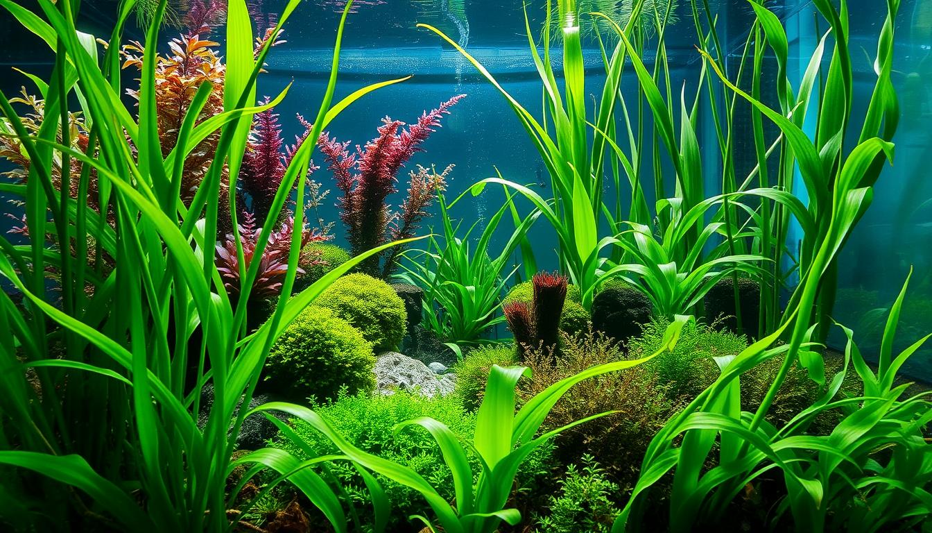 A lush, low-tech aquascape showcasing the beauty of natural plant life without the need for CO2 injection. In the foreground, vibrant green stems and leaves of Cryptocoryne and Anubias plants sway gently, creating a tranquil underwater scene. The middle ground features a mix of textured mosses and delicate Bucephalandra, their colors ranging from deep burgundy to light green. In the background, tall, graceful Echinodorus plants reach towards the surface, their long, slender leaves framing the composition. Soft, natural lighting filters through the crystal-clear water, casting a warm, inviting glow over the scene. Captured with a wide-angle lens, this low-tech aquascape showcases the effortless beauty and low-maintenance nature of aquatic plants that thrive without the need for complex CO2 systems.