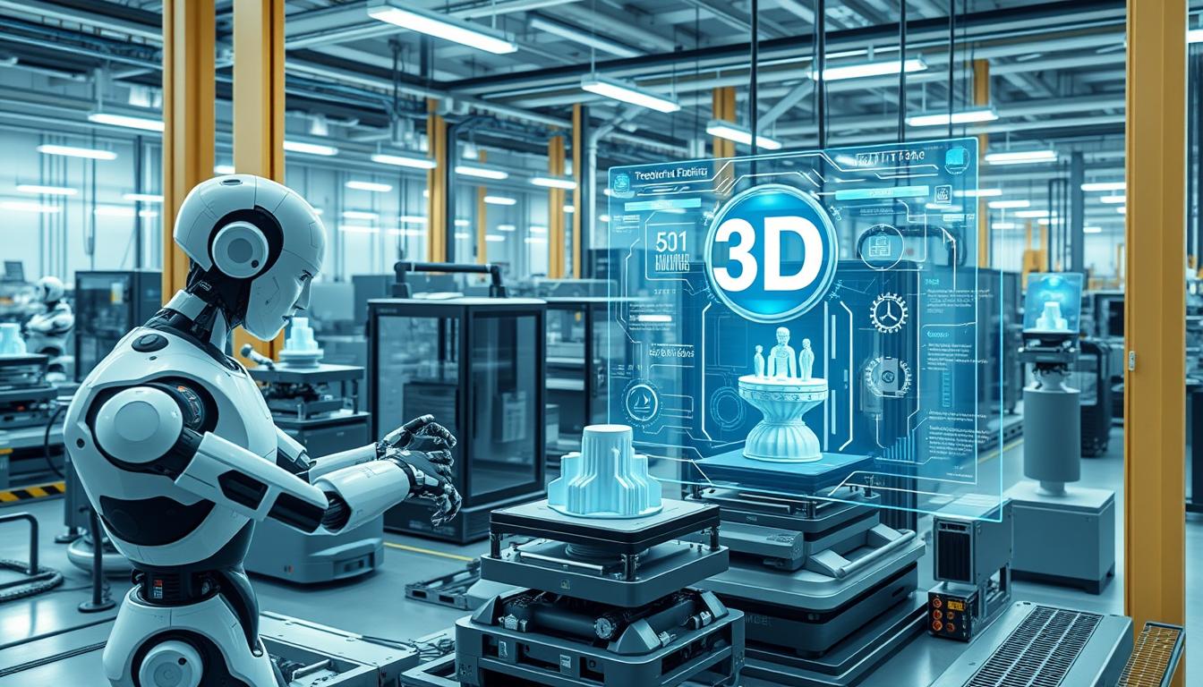 Future smart factory concept showing advanced IoT and 3D printing integration