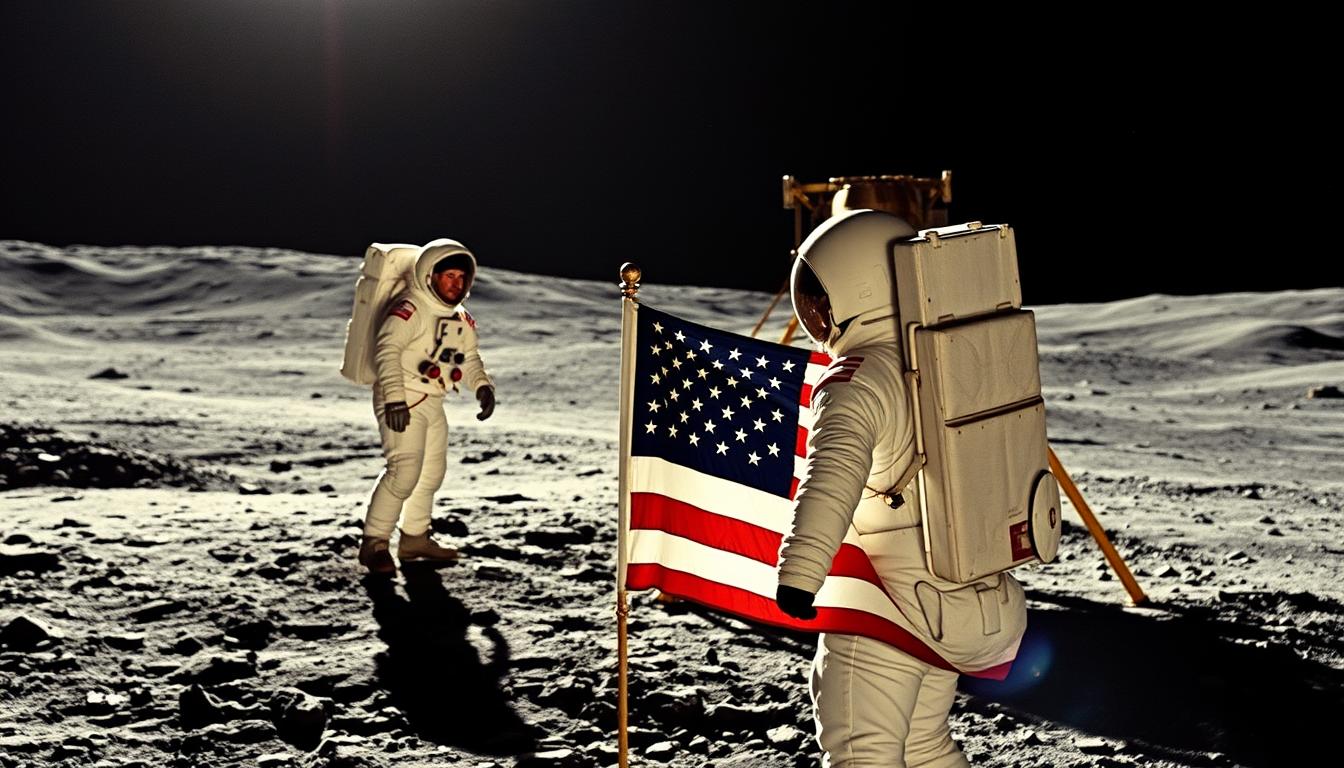 Apollo 11 astronaut on the lunar surface with American flag