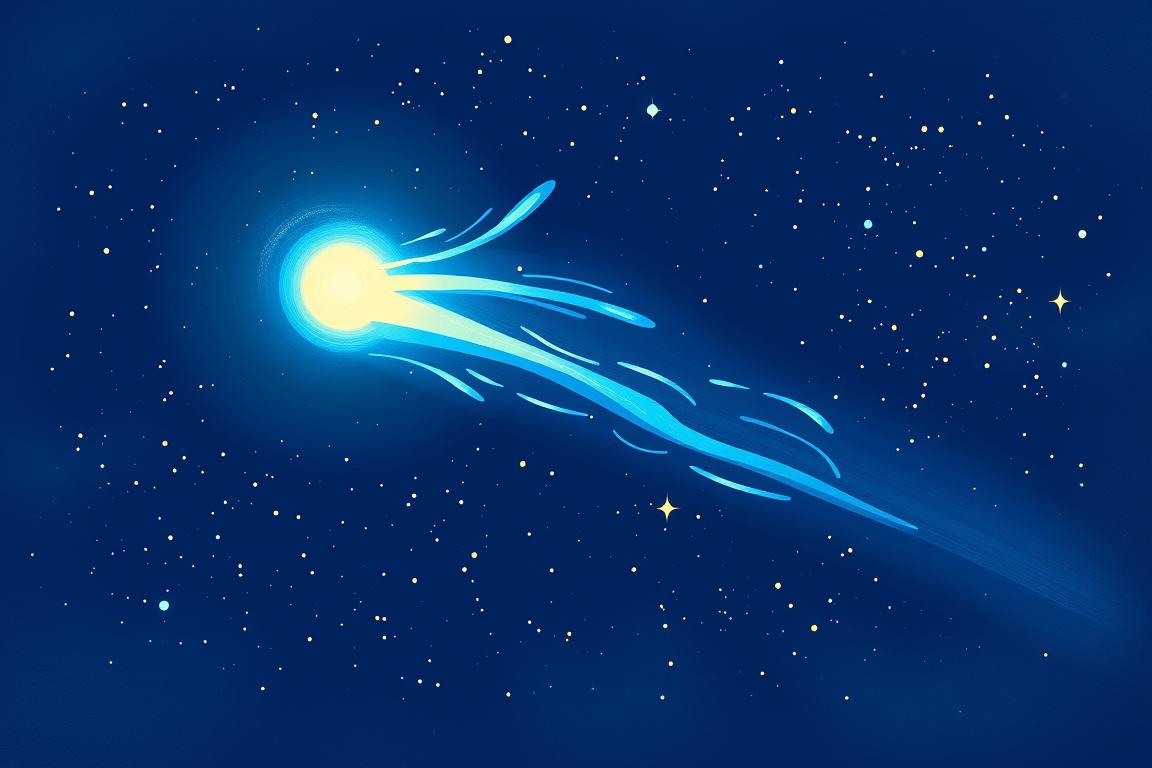 Illustration of a comet with a bright tail streaking across the night sky while Exploring Our Solar System and Beyond