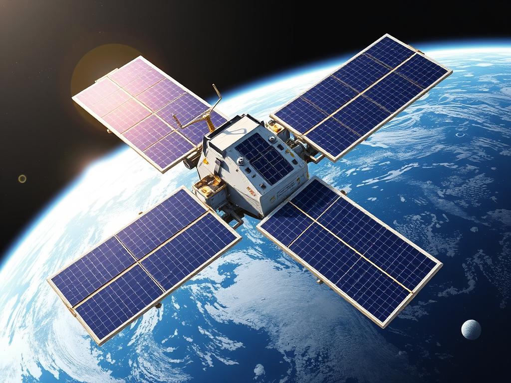 Modern satellite with solar panels deployed in Earth orbit