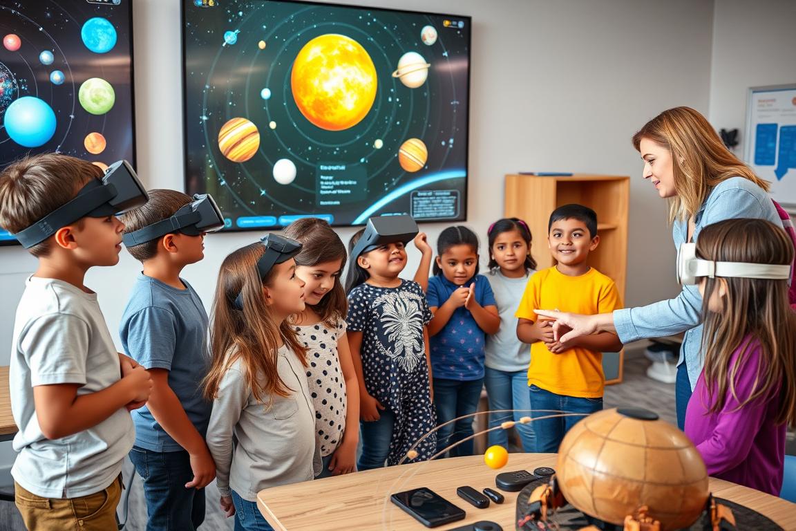 Children in a classroom learning about space exploration with interactive displays