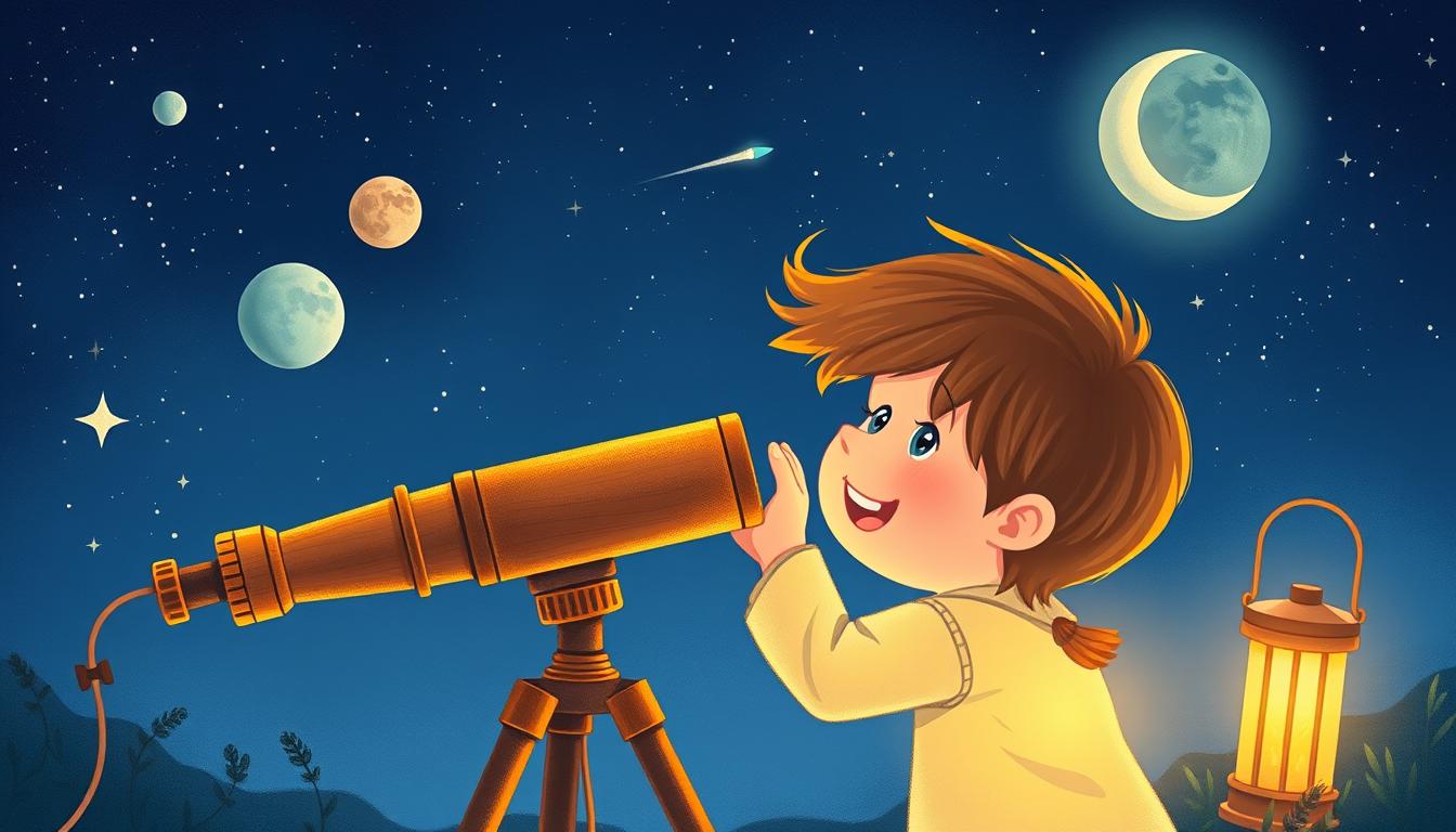 Child looking through telescope at night sky with planets and stars visible while Exploring Our Solar System and Beyond