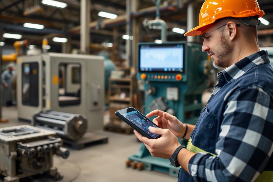 Manufacturing engineer using tablet to monitor IoT-connected legacy equipment