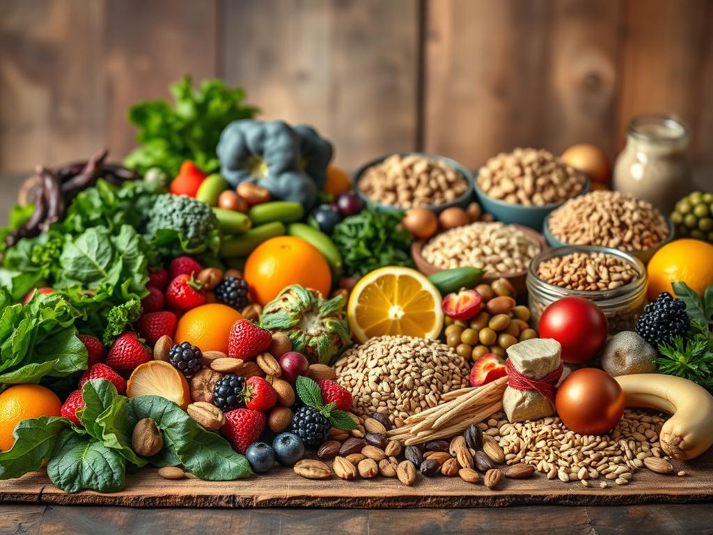 A visually striking still life depicting a comprehensive and balanced immune-boosting dietary system. In the foreground, a vibrant array of superfoods including leafy greens, berries, nuts, seeds, and citrus fruits are artfully arranged on a rustic wooden surface. The middle ground features a variety of whole grains, legumes, and probiotic-rich fermented foods. In the background, a warm, diffused lighting illuminates the scene, creating a soothing, natural atmosphere. The composition conveys a sense of harmony, nourishment, and vitality, effectively illustrating the concept of an integrated, health-promoting dietary regimen.