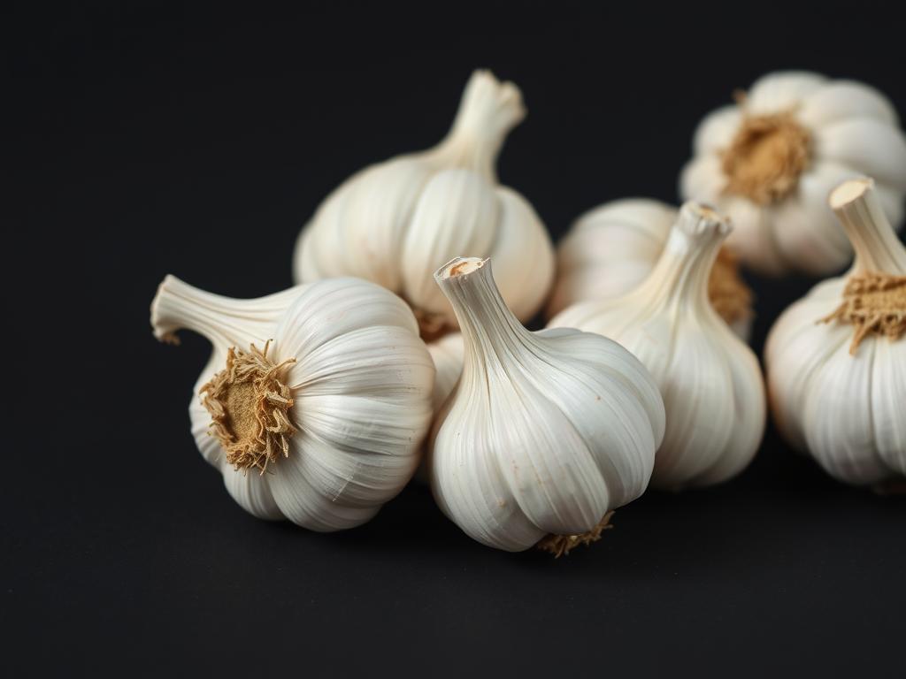 A close-up photograph of several fresh, whole garlic bulbs with their papery white skin against a plain, dark background. The garlic cloves are arranged in a scattered, natural-looking manner, with some slightly overlapping. The lighting is soft and diffused, accentuating the textural details of the garlic's surface and highlighting its ivory hue. The depth of field is shallow, keeping the garlic in sharp focus while blurring the background. The mood is clean, simple, and emphasizes the natural, wholesome qualities of this potent superfood.