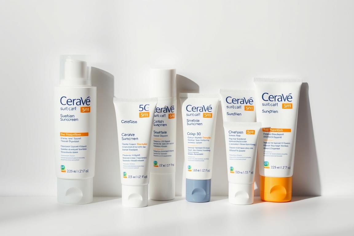 A well-lit, high-quality product shot of various CeraVe sunscreen bottles and tubes, arranged on a clean, minimalist white or light-colored background. The sunscreen products should be the clear focus, showcasing their packaging, labels, and pricing information. The bottles and tubes should be shot at eye-level, with subtle shadows and lighting to accentuate their shapes and textures. The composition should be balanced and visually appealing, allowing the viewer to easily compare the different CeraVe sunscreen options and their respective prices.