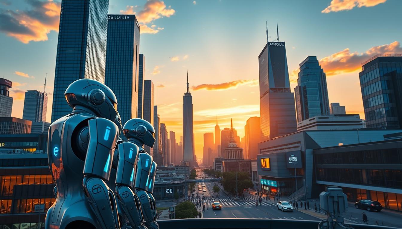 A dynamic cityscape at dusk, with towering skyscrapers and a futuristic skyline. In the foreground, a group of sleek, metallic robo-advisors stand vigilant, their advanced algorithms and digital displays illuminating the scene. The robo-advisors, with their clean, minimalist designs, appear to be in deep contemplation, processing vast troves of financial data and making investment recommendations. The middle ground features a bustling financial district, with pedestrians and autonomous vehicles navigating the streets. The background is bathed in a warm, golden glow, creating a sense of innovation and progress. The overall atmosphere conveys the dawning of a new era in wealth management, where artificial intelligence and automation play a central role.