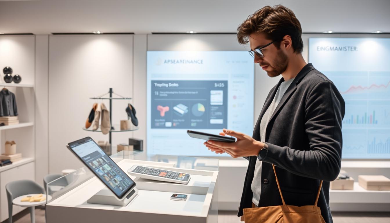 A sleek, modern e-commerce platform with an embedded finance interface. In the foreground, a customer completes a seamless checkout process, their transaction facilitated by an intuitive digital wallet. In the middle ground, a product carousel showcases a range of merchandise, while in the background, data visualizations and analytics dashboards provide real-time insights into the business's financial performance. Soft, diffused lighting creates a sense of sophistication, while a minimalist color palette of grays, whites, and blues evokes a clean, efficient user experience. The overall scene conveys the convenience and integration of embedded finance, transforming the e-commerce landscape.