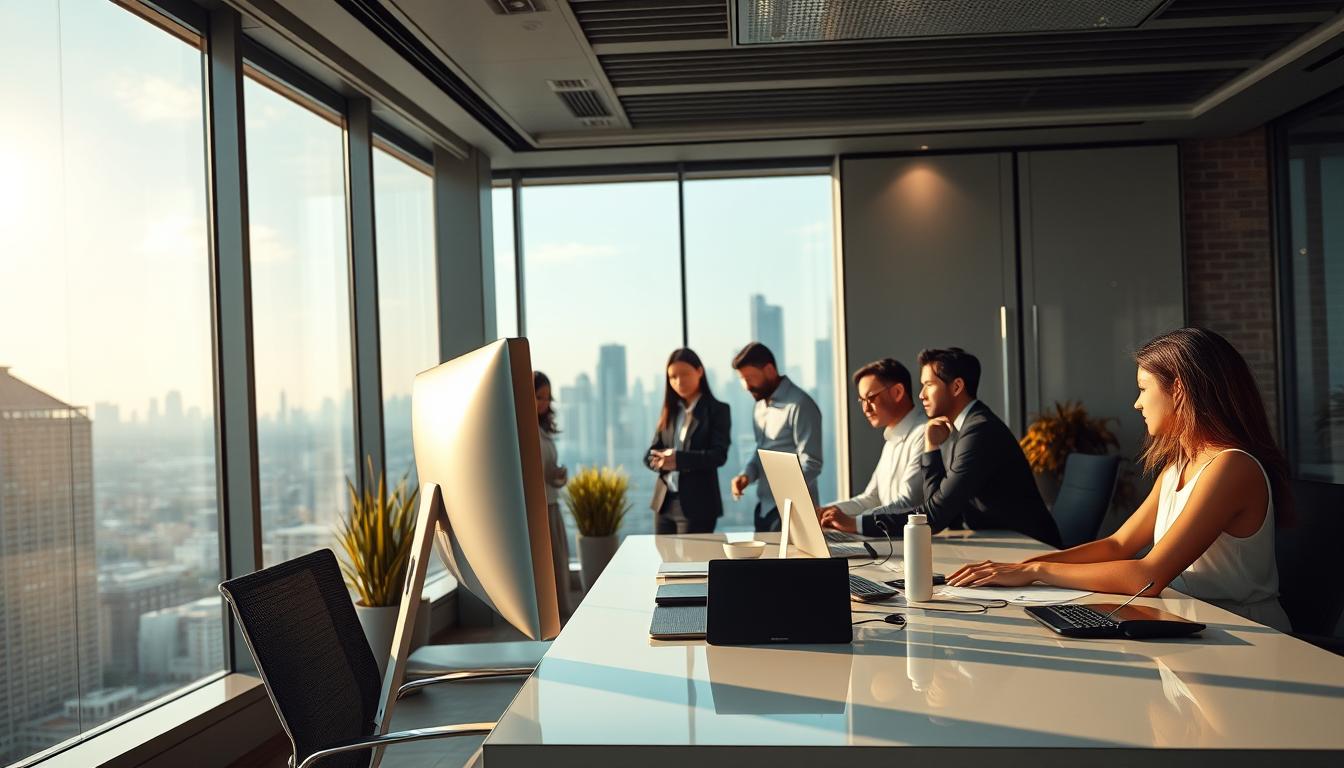 A sleek, modern office interior with floor-to-ceiling windows overlooking a bustling cityscape. In the foreground, a clean-lined desk with a desktop computer, tablet, and other sleek office equipment. Behind it, a team of diverse individuals intently focused on their screens, representing the automated investment advisors at work. Soft, diffused lighting casts a warm glow, and the overall atmosphere conveys efficiency, professionalism, and technological sophistication. The scene embodies the benefits of using AI-powered wealth management tools - reliable, data-driven decision-making, personalized investment strategies, and streamlined financial planning for a discerning clientele.