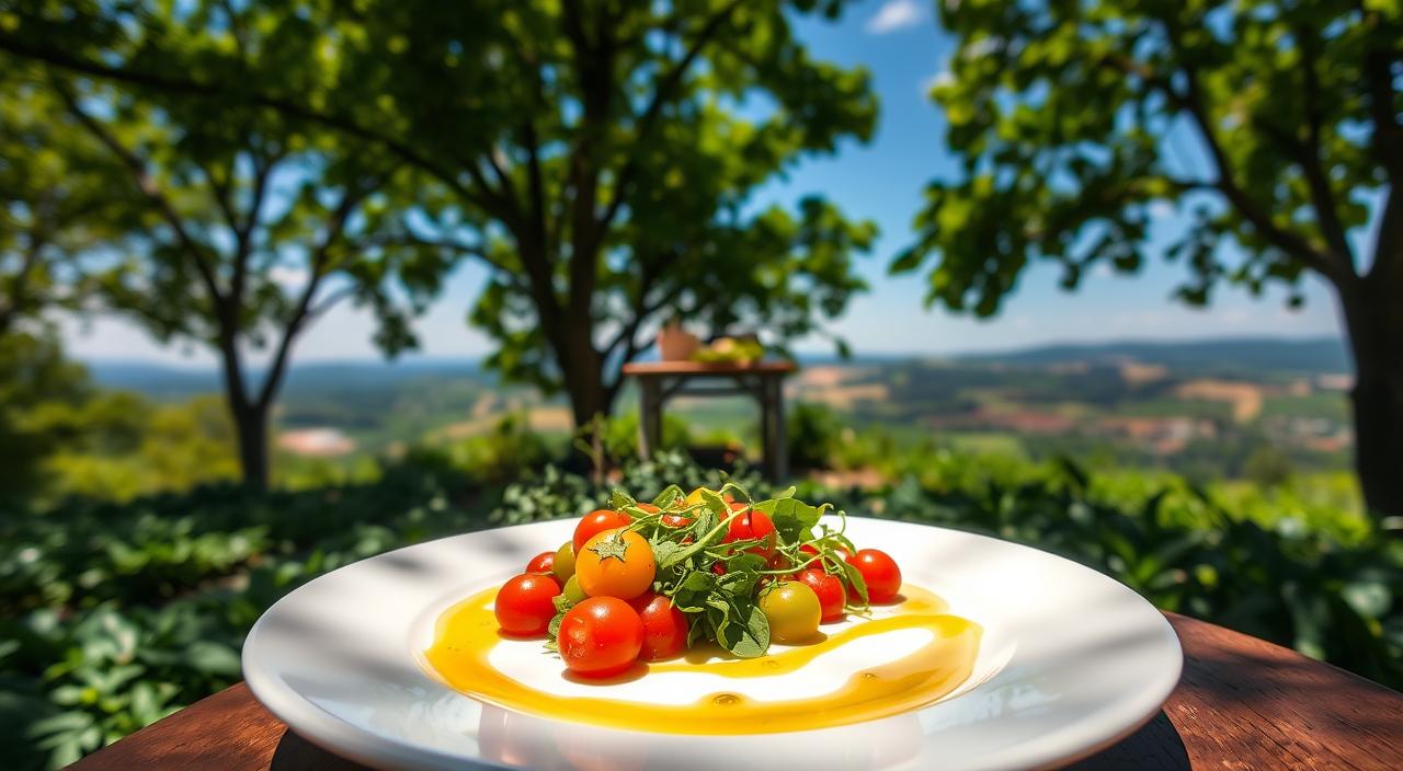 A meticulously prepared farm-to-table dish set against a backdrop of lush, verdant greenery. In the foreground, an artfully arranged plate showcases a vibrant mix of locally sourced, seasonal ingredients - heirloom tomatoes, crisp greens, and a drizzle of rich, golden olive oil. The warm, natural lighting filters through the canopy of trees, casting a soft, earthy glow over the scene. In the middle ground, a small, rustic wooden table sits atop a well-tended vegetable garden, surrounded by thriving herb plants. The background features a scenic vista of rolling hills and a clear, azure sky, evoking a sense of harmony between nature and culinary excellence. The overall atmosphere exudes a tranquil, sustainable elegance.
