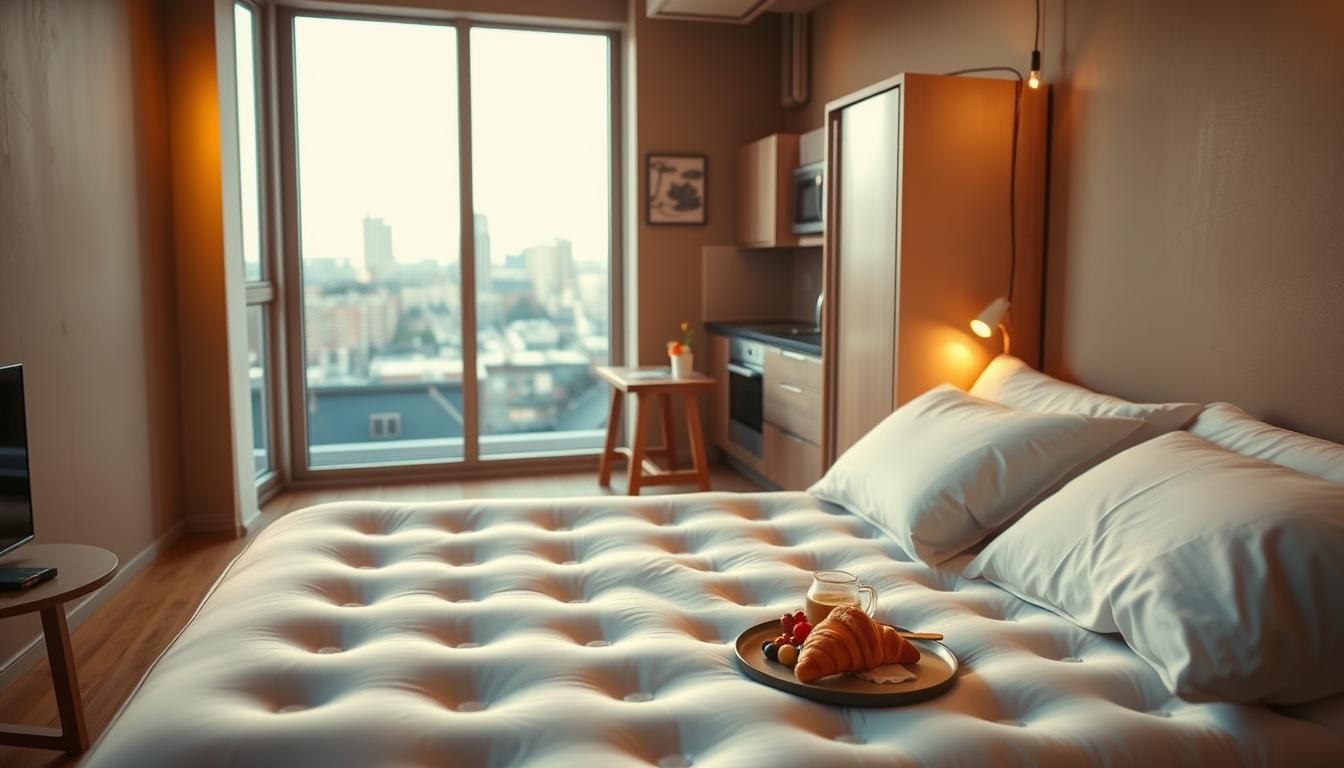 A cozy loft apartment, dimly lit by warm, golden-hued lighting. In the foreground, a plush air mattress adorned with crisp white linens and fluffy pillows, invitingly laid out. On a small side table, a simple breakfast spread - a steaming mug of coffee, fresh fruit, and a croissant. The middle ground reveals a modest kitchen, with minimalist decor and a worn wooden table. Through a large window, a cityscape of rooftops and towering skyscrapers comes into view, hinting at the bustling urban landscape outside. The overall mood is one of humble beginnings, quiet contemplation, and the promise of adventure that lies ahead.