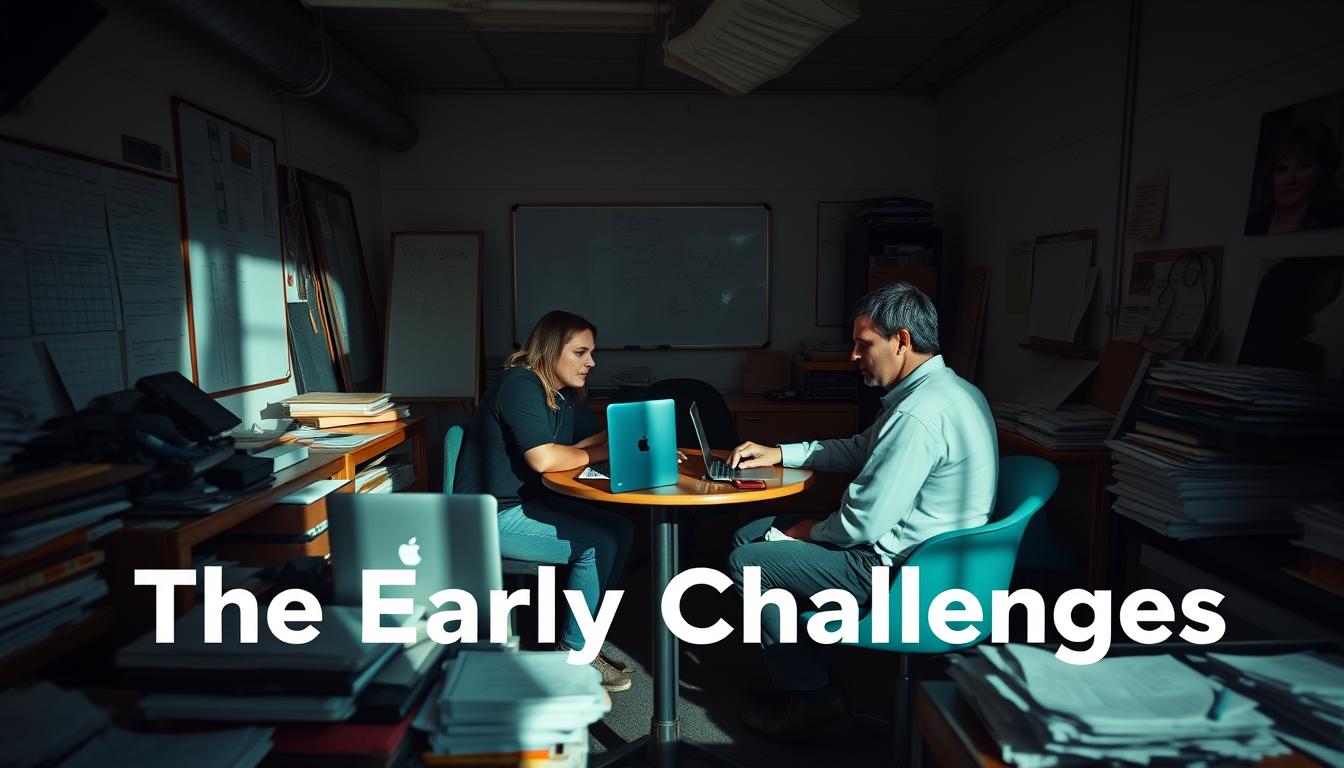An early startup office, cluttered with laptops, whiteboards, and piles of papers. The founders, Chesky and Gebbia, sit at a small table, brows furrowed, deep in discussion. The room is dimly lit, casting long shadows across the walls, conveying the weight of the challenges they face. The atmosphere is tense, yet determined, as they navigate the hurdles of building a disruptive new platform for travel and hospitality. The background is hazy, blurring the details to focus attention on the duo at the center, representing the "التحديات الأولى" (The Early Challenges) they must overcome.