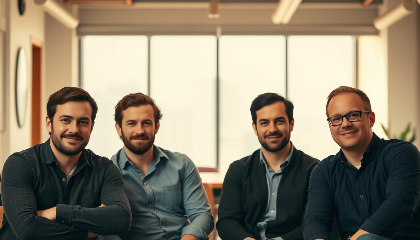 A group portrait of the founding team of Airbnb, captured in a warm, natural lighting that highlights their faces and expressions. The four co-founders - Brian Chesky, Joe Gebbia, Nathan Blecharczyk, and Nate Blecharczyk - are seated together in a modern, minimalist office setting, gazing intently at the camera with a sense of determination and pride. The background is slightly blurred, focusing the viewer's attention on the founders' faces and body language, conveying their collaborative spirit and shared vision for transforming the travel industry. The overall mood is one of innovation, ambition, and the excitement of building a groundbreaking company.