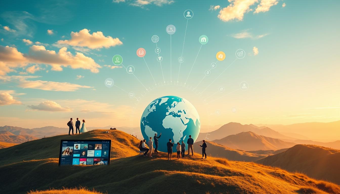A dynamic, expanding landscape depicting the rapid growth and global reach of Canva. In the foreground, a vibrant, colorful graphic interface with intuitive design tools, showcasing the platform's user-friendly capabilities. The middle ground features a diverse array of users from around the world, collaborating and creating content, representing Canva's international appeal. In the background, a globe slowly rotating, symbolizing the company's worldwide expansion, with data visualizations and digital assets radiating outward, conveying the scale and impact of Canva's global dominance. Bathed in warm, golden light, the scene exudes a sense of innovation, connectivity, and limitless potential.