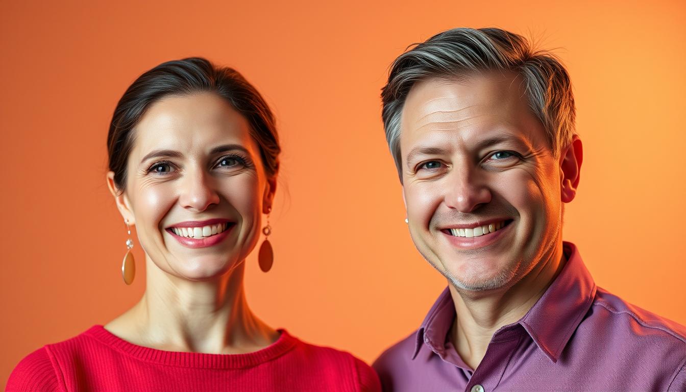 A high-resolution portrait of Melanie Perkins and Cliff Obrecht, the co-founders of Canva, captured in a warm and inviting studio setting. Melanie and Cliff are shown standing side by side, their expressions conveying a sense of confidence, innovation, and determination. Soft, directional lighting illuminates their faces, creating a sense of depth and dimension. The background is a neutral, minimalist backdrop that allows the subjects to take center stage. The overall mood is one of professionalism, creativity, and the passion that has driven the duo to build Canva into a global design powerhouse.
