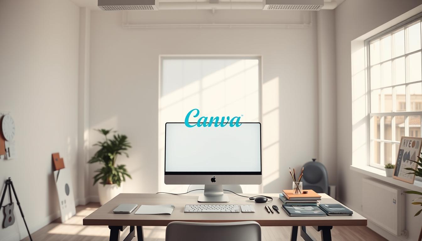 A pristine, well-lit studio space with clean, modern aesthetics. In the foreground, a sleek, minimalist computer setup with a large, high-resolution monitor displaying the Canva logo against a simple, elegant background. Sunlight streams in through large windows, casting a warm, inviting glow throughout the room. The atmosphere is one of quiet, focused creativity - the perfect environment for the birth of a revolutionary design platform. Various design tools and inspirational mood boards are neatly arranged on the desk, hinting at the ideation process that led to Canva's inception. The overall scene conveys a sense of vision, innovation, and the exciting potential of this fledgling startup's journey.