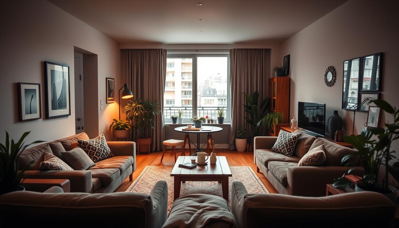A cozy apartment interior with a warm, inviting atmosphere. In the foreground, a plush sofa and chairs are arranged around a wooden coffee table, creating a comfortable living space. The middle ground features a large window, letting in natural light and offering a view of a bustling city street outside. The background showcases minimalist decor, with plants, art pieces, and other personal touches that give the space a homey, lived-in feel. The lighting is soft and ambient, creating a relaxing ambiance. The camera angle is slightly elevated, capturing the scene from an occupant's perspective, conveying the sense of being immersed in the ideal of "home away from home."