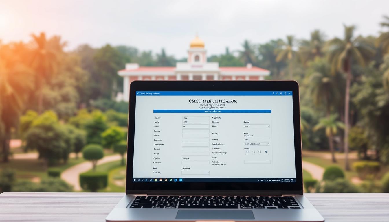 Detailed online application process for CMCH Vellore, set against a serene, professional backdrop. Central building of the CMCH campus in the middle ground, surrounded by lush greenery and towering trees. In the foreground, a laptop screen displaying the application form, filled out with relevant details. Warm, natural lighting casts a soft glow over the scene, conveying a sense of efficiency and ease. The overall composition emphasizes the accessibility and convenience of the online application process for this prestigious medical institution.