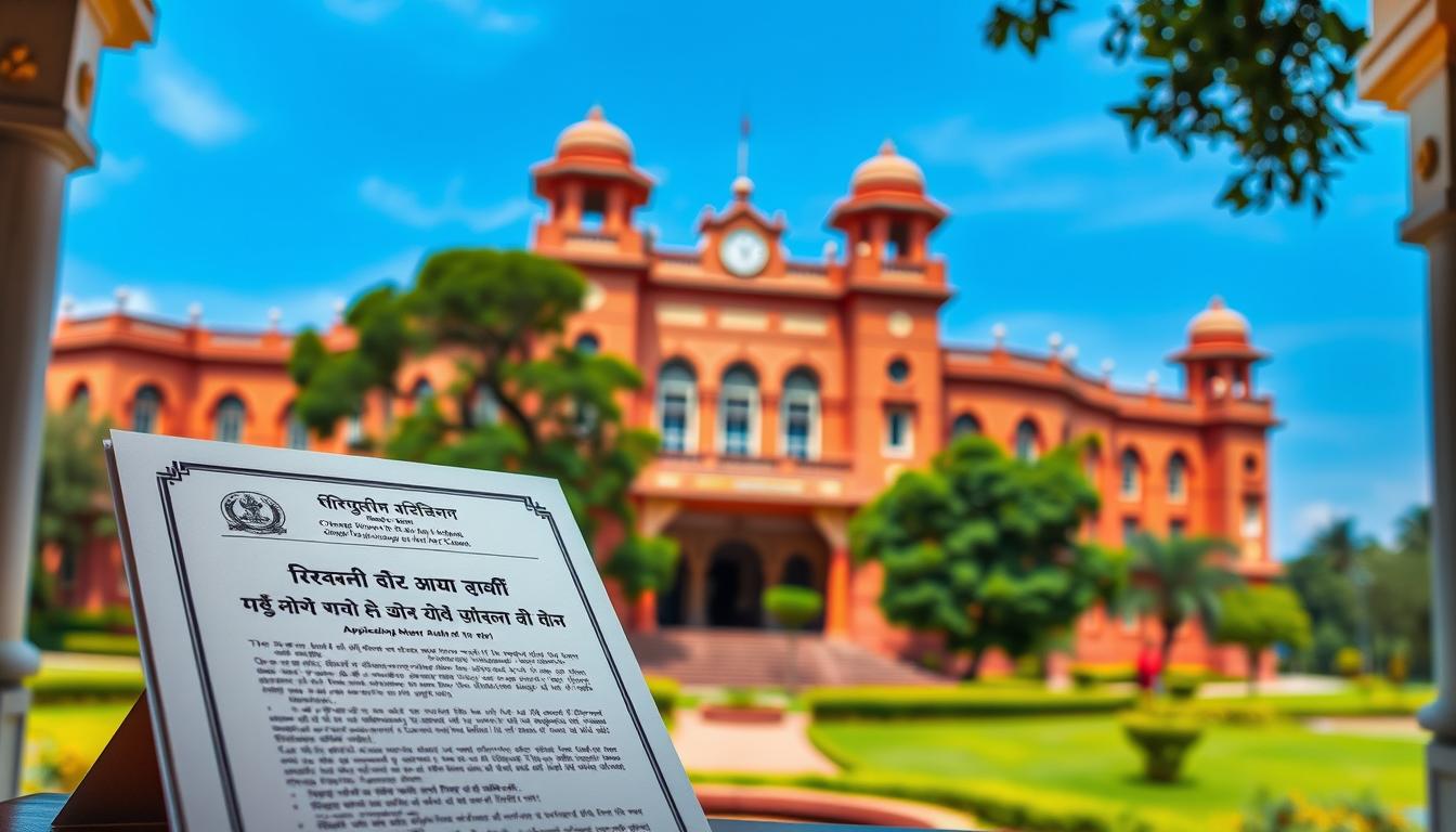 A vibrant, photorealistic image of "CMCH वेल्लोर आवेदन समय सीमा" set against a warm, inviting atmosphere. The foreground features a well-designed, official-looking document with prominent text detailing the application deadline in a traditional Indian script, along with the CMCH Vellore logo. The middle ground showcases the majestic, historic architecture of the CMCH Vellore campus, with its distinct red-brick buildings and lush, verdant surroundings. The background is filled with a serene, azure sky, accentuating the sense of importance and gravitas. The lighting is soft and natural, creating a welcoming and professional ambiance. The overall composition is balanced and visually striking, effectively conveying the subject matter and the section title.