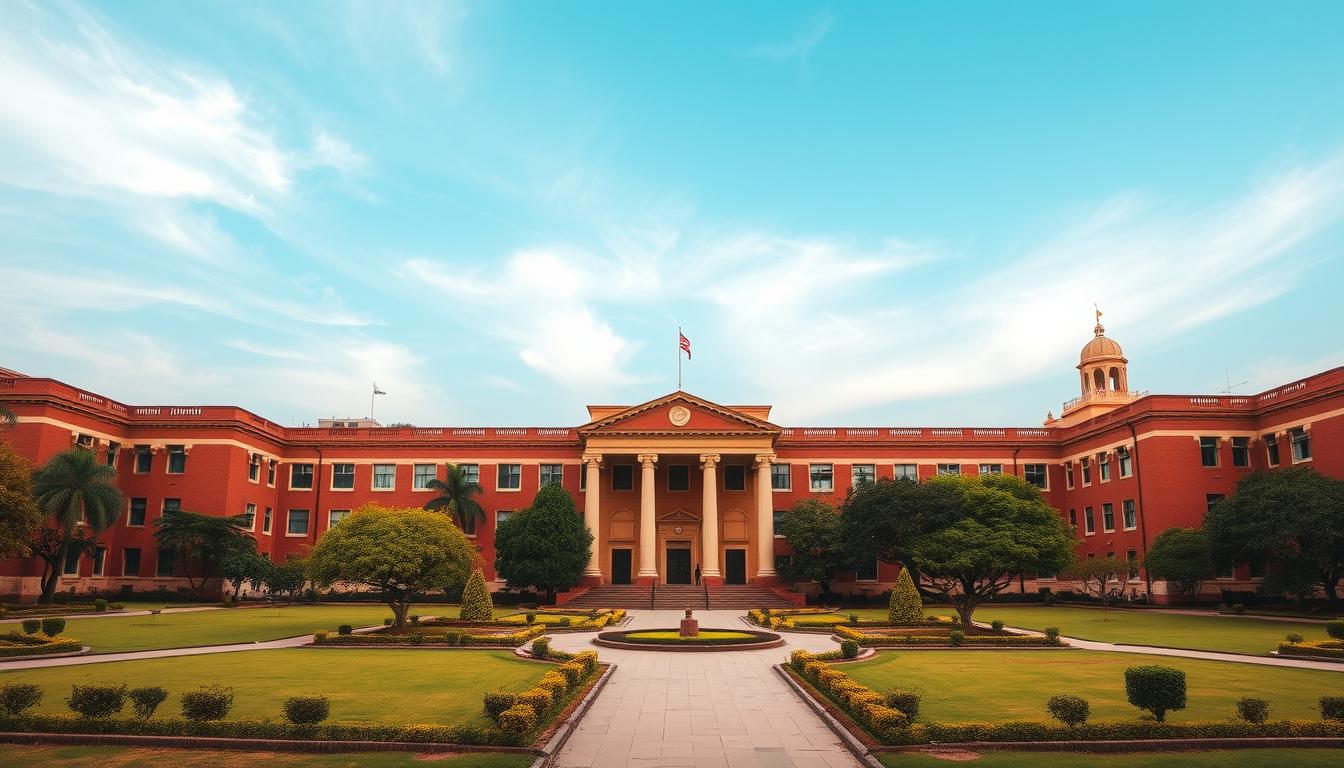 A grand, historic campus of CMCH Vellore set against a vibrant, azure sky. The stately, columned facade of the main building dominates the foreground, its red-brick walls and elegant arches exuding an air of timeless grandeur. In the middle ground, manicured lawns and verdant trees create a serene, park-like setting, while in the distance, the silhouettes of other historic structures hint at the institution's storied past. Soft, warm lighting bathes the scene, lending it an atmosphere of tranquility and intellectual contemplation. The composition is balanced, with the main building's symmetry and the natural elements creating a harmonious, visually captivating image that encapsulates the essence of CMCH Vellore's rich history.