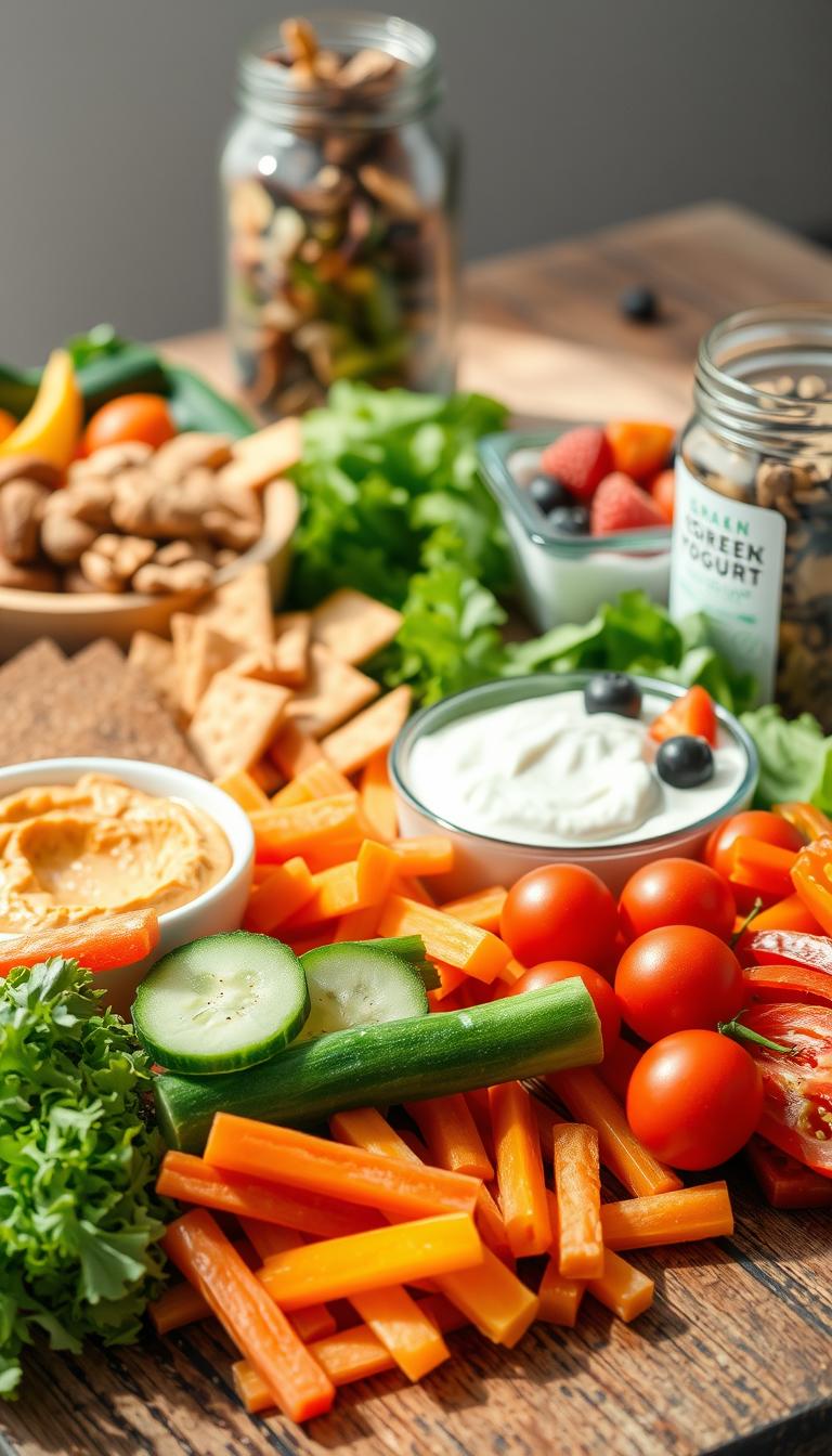 21 Tasty & Nutritious School Lunch Ideas for Kids A vibrant, well-lit scene of various wholesome, nutritious side dishes and snacks arranged on a rustic wooden table. In the foreground, a selection of fresh, colorful vegetables like carrots, cucumber slices, cherry tomatoes, and bell pepper strips, neatly arranged. In the middle ground, a bowl of creamy hummus, a few whole-grain crackers, and a small container of Greek yogurt with fresh berries. In the background, a glass jar filled with trail mix, featuring nuts, seeds, and dried fruit. The lighting is natural and soft, creating a warm, inviting atmosphere. The overall composition conveys a sense of balance, health, and appeal to the senses.