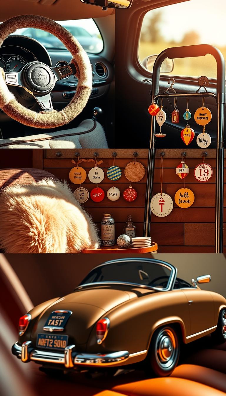 21 Stylish Senior Car Decorating Ideas to Personalize Your Ride A sunlit display of stylish car accessories for seniors, featuring a gleaming dashboard with a vintage-inspired steering wheel cover, a cozy sheepskin seat cushion, and a sturdy walker with a built-in tray for convenient storage. In the middle ground, a collection of personalized ornaments and hanging air fresheners line the interior, while in the background, a classic car model with a custom license plate and a set of comfortable, ergonomic grip handles on the doors create a welcoming and accessible driving experience. The scene is captured with a warm, inviting lighting and a slightly elevated camera angle to showcase the carefully curated selection of senior-friendly car accessories.