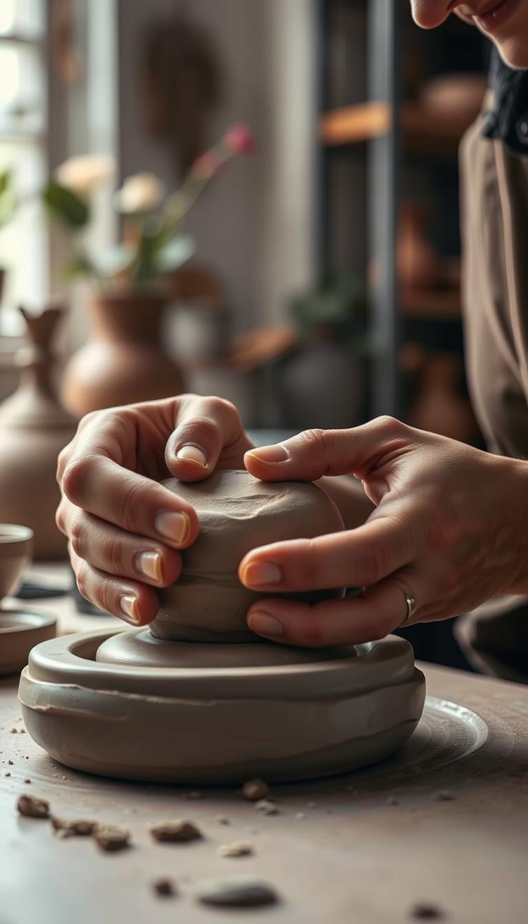 A well-lit ceramic studio with a focused, close-up view of an artist's hands carefully manipulating a lump of clay. The hands are gently pinching, shaping, and texturing the clay, demonstrating advanced pinch pot techniques. The clay has a smooth, malleable appearance, reflecting the artist's skilled touch. The background is slightly blurred, but hints at various pottery tools, ceramics, and natural elements like plants or flowers, creating a serene, artistic atmosphere. The lighting is soft and diffused, casting subtle shadows that accentuate the tactile nature of the clay-shaping process.
