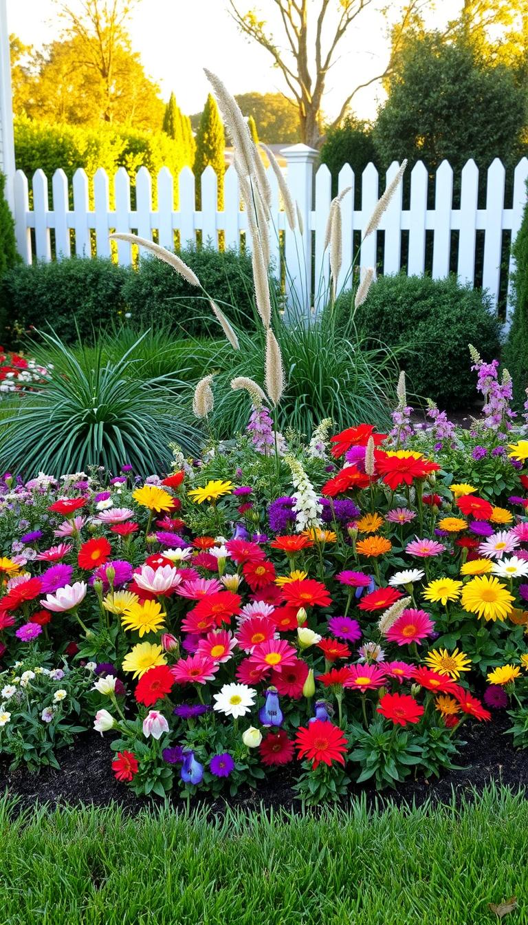 7 Front Yard Flower Bed Mistakes Ruining Your Curb Appeal A meticulously planned and executed front yard flower bed, showcasing a stunning arrangement of vibrant blooms and lush greenery. The foreground features a carefully curated mix of colorful annuals and perennials, their petals gently swaying in the soft breeze. The middle ground presents a harmonious blend of ornamental grasses and low-growing shrubs, adding texture and depth to the scene. In the background, a picturesque white picket fence frames the composition, complementing the warm, golden hues of the late afternoon sun. The overall effect is one of balance, proportion, and curb appeal, inviting passersby to admire the thoughtful design and meticulous attention to detail.