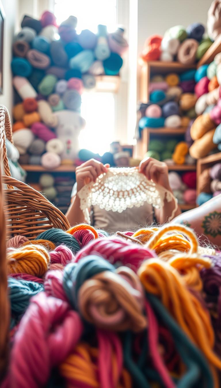 21 Magical Crochet Patterns for Every Skill Level A cozy and inviting yarn crafting scene. In the foreground, vibrant skeins of multicolored yarn spill out from an ornate wicker basket, their soft textures and hues beckoning the viewer to pick them up and start a new project. In the middle ground, nimble hands deftly manipulate knitting needles, crafting a delicate lace shawl as sunlight streams in through a nearby window, casting a warm glow over the scene. In the background, shelves overflow with additional yarn supplies, organized by color and fiber type, creating a comforting visual tapestry. The overall atmosphere is one of tranquility, creativity, and the joy of handmade craftsmanship.
