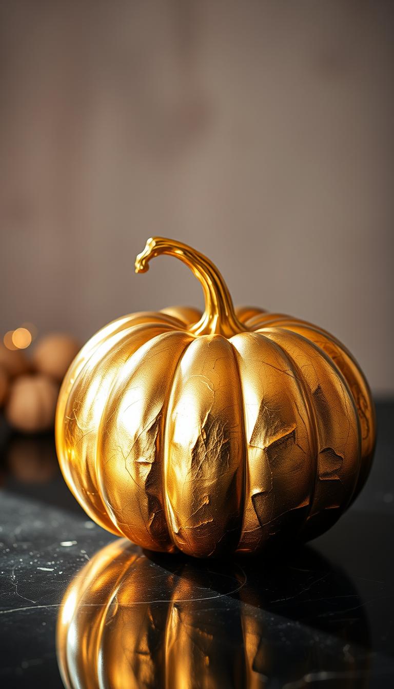 21 Creative Pumpkin Painting Ideas for Fall Inspiration Elegant gold leaf pumpkin, resting on a dark, polished surface, lit by soft, warm lighting that casts a gentle glow. The pumpkin's surface is adorned with delicate, shimmering gold leaf, applied in a graceful, asymmetrical pattern, creating an air of refined sophistication. The background is blurred, with hints of a neutral, muted palette, allowing the pumpkin to take center stage. The overall composition conveys a sense of luxury and understated elegance, evoking feelings of autumnal tranquility.