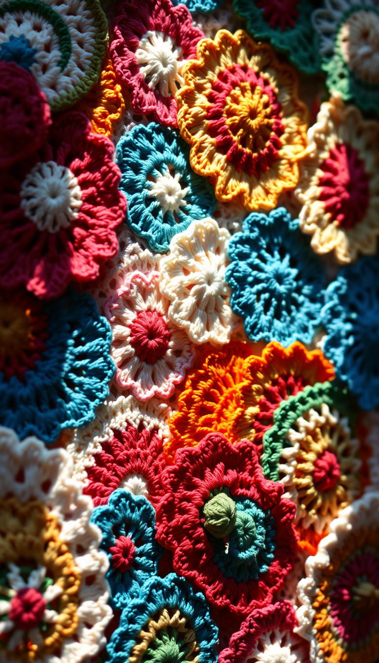 21 Magical Crochet Patterns for Every Skill Level Detailed close-up shot of a vibrant global tapestry of crochet patterns, showcasing intricate textures, colorful motifs, and diverse cultural influences. The tapestry is illuminated by warm, natural lighting, casting soft shadows that enhance the depth and dimensionality of the delicate crocheted stitches. The composition features a balanced arrangement of patterns, including traditional and contemporary designs from various regions of the world, creating a visually captivating and harmonious display. The overall atmosphere evokes a sense of artistic craftsmanship, cultural richness, and the universal language of the crochet medium.