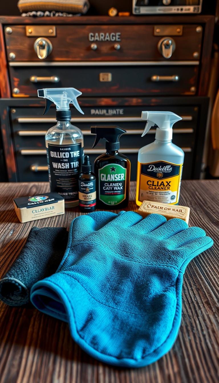 21 Unique Father's Day Gift Ideas He'll Actually Love A sleek and stylish automotive detailing kit arranged on a textured wooden surface. In the foreground, a high-quality microfiber cloth, car wash mitt, and premium car wax. In the middle ground, a selection of cleaning products such as a glass cleaner, all-purpose cleaner, and a specialized clay bar. The background features a vintage-inspired garage tool chest, conveying a sense of craftsmanship and attention to detail. The scene is illuminated by warm, directional lighting, casting subtle shadows and highlighting the luxurious textures of the materials. The overall mood evokes a passion for keeping a prized car in pristine condition, perfect for the discerning car enthusiast dad.