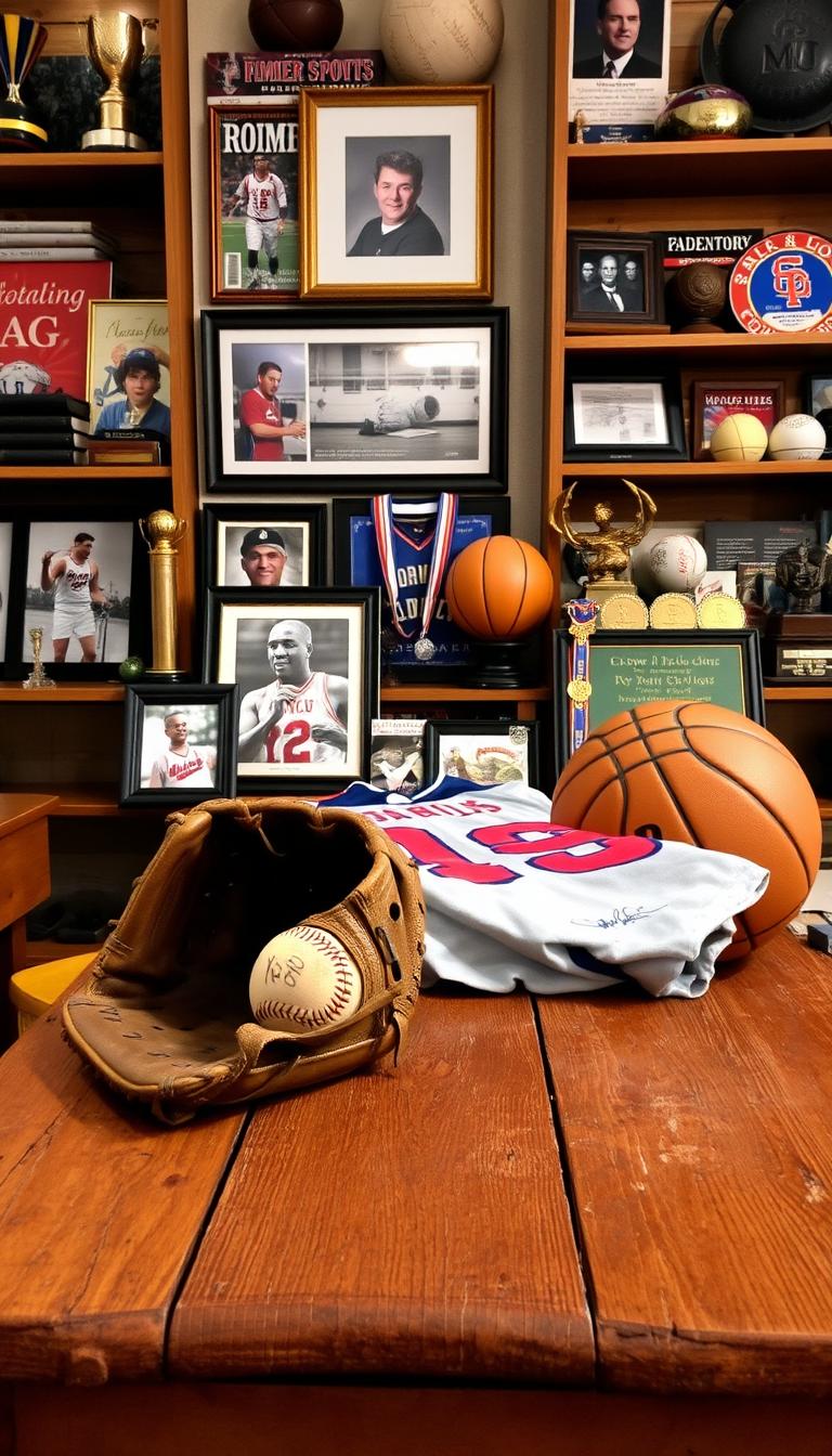 21 Unique Father's Day Gift Ideas He'll Actually Love A tasteful display of sports memorabilia for a devoted dad, showcased in a warm, well-lit setting. In the foreground, a vintage baseball glove, a cherished jersey from his favorite team, and a signed basketball rest upon a weathered wooden table. In the middle ground, framed photographs capture treasured moments from his playing days, alongside trophies and medals that commemorate his passion and dedication. The background features a cozy, inviting atmosphere, with bookshelves displaying his collection of sports magazines and team-branded decor, creating a personal and meaningful space that celebrates his lifelong love of the game.