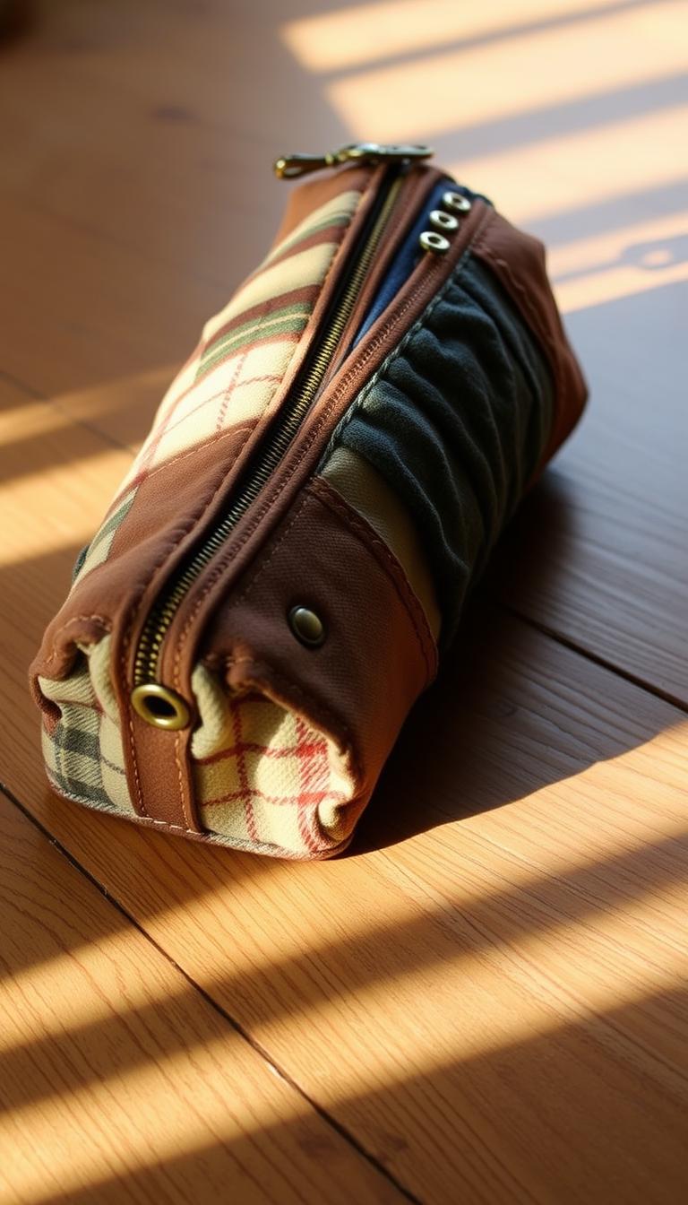 20 Cute DIY Pencil Case Designs You'll Love A rustic, handmade pencil case crafted from repurposed materials. Upcycled fabric in earthy tones, perhaps a vintage floral or checkered pattern, forms the main body. Patches of denim, corduroy, or leather provide textural contrast. Intricate stitching and topstitching detail the design. Brass hardware, such as eyelets and zippers, lend an industrial, yet refined aesthetic. The case rests on a wooden surface, casting warm, natural shadows. Soft, diffused lighting illuminates the organic textures, highlighting the one-of-a-kind, eco-conscious nature of the piece. The overall mood is cozy, inviting, and celebrates the beauty in repurposed, sustainable materials.