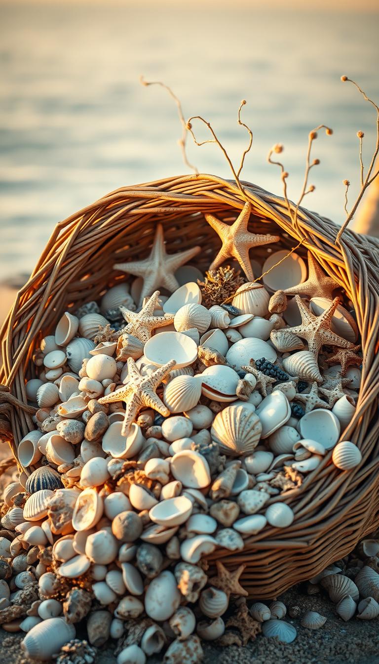 A vibrant coastal-themed cornucopia overflowing with an abundance of seashells, driftwood, starfish, and other oceanic treasures. Warm golden light bathes the scene, creating a serene and inviting atmosphere. In the foreground, a large woven basket spills forth a cascade of sea-worn shells in a palette of blues, grays, and sandy tones. Driftwood pieces and twisted grapevine weave through the bounty, adding natural textures. In the middle ground, delicate starfish, coral, and seaweed elements are artfully arranged, evoking the tranquility of a tidal pool. The background features a hazy, dreamlike seascape with soft horizon lines and muted blues, evoking the boundless nature of the ocean. The overall composition conveys a sense of coastal abundance, nostalgia, and a touch of whimsy.
