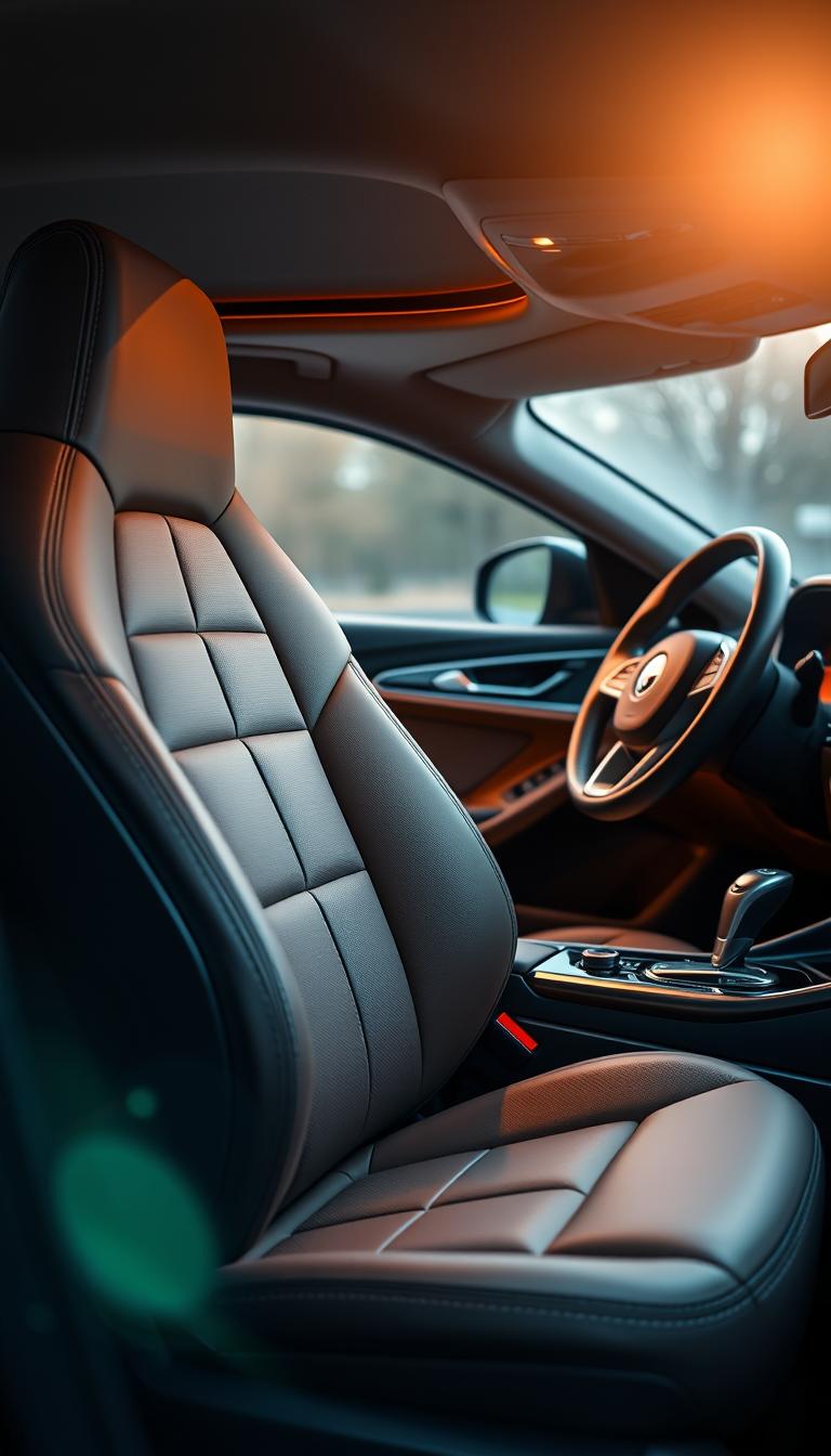 21 Stylish Senior Car Decorating Ideas to Personalize Your Ride A cozy senior's car interior, bathed in warm, soft lighting. In the foreground, an elegant, high-backed leather seat with plush cushioning and lumbar support. In the middle ground, a luxurious steering wheel cover, tactile and easy to grip. In the background, a sleek center console with intuitive, senior-friendly controls and a discreet, concealed cup holder. The overall atmosphere is one of comfort, refinement, and effortless style - the perfect accessories to elevate a senior's daily driving experience.