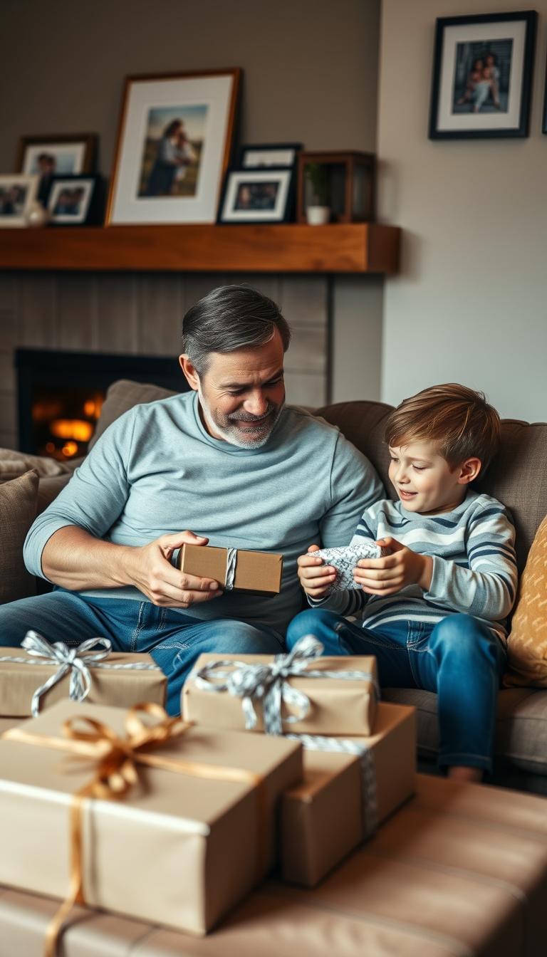 21 Unique Father's Day Gift Ideas He'll Actually Love A warm, cozy living room with a father and son sitting on a comfortable sofa, surrounded by thoughtfully wrapped Father's Day gifts. The father's face is filled with appreciation as he opens a heartfelt present from his child, the emotion captured in soft, natural lighting. In the background, framed family photos and a crackling fireplace create a sense of cherished traditions and the importance of making meaningful connections. Subtle, muted tones evoke a sense of intimacy and the lasting value of father-child relationships.